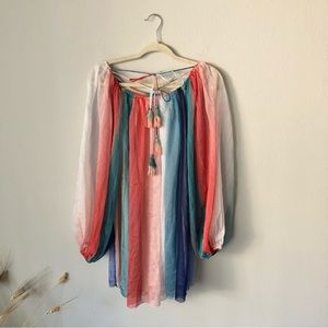 ecru Multicolor Striped Sheer Mini Dress with Tassel Tie